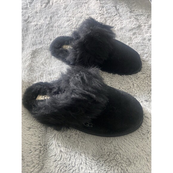 New Women's 100% UGG Scuff Sis Fluffy Fuzzy Slipper Sandals Shoes Black Size 10 - Picture 1 of 16